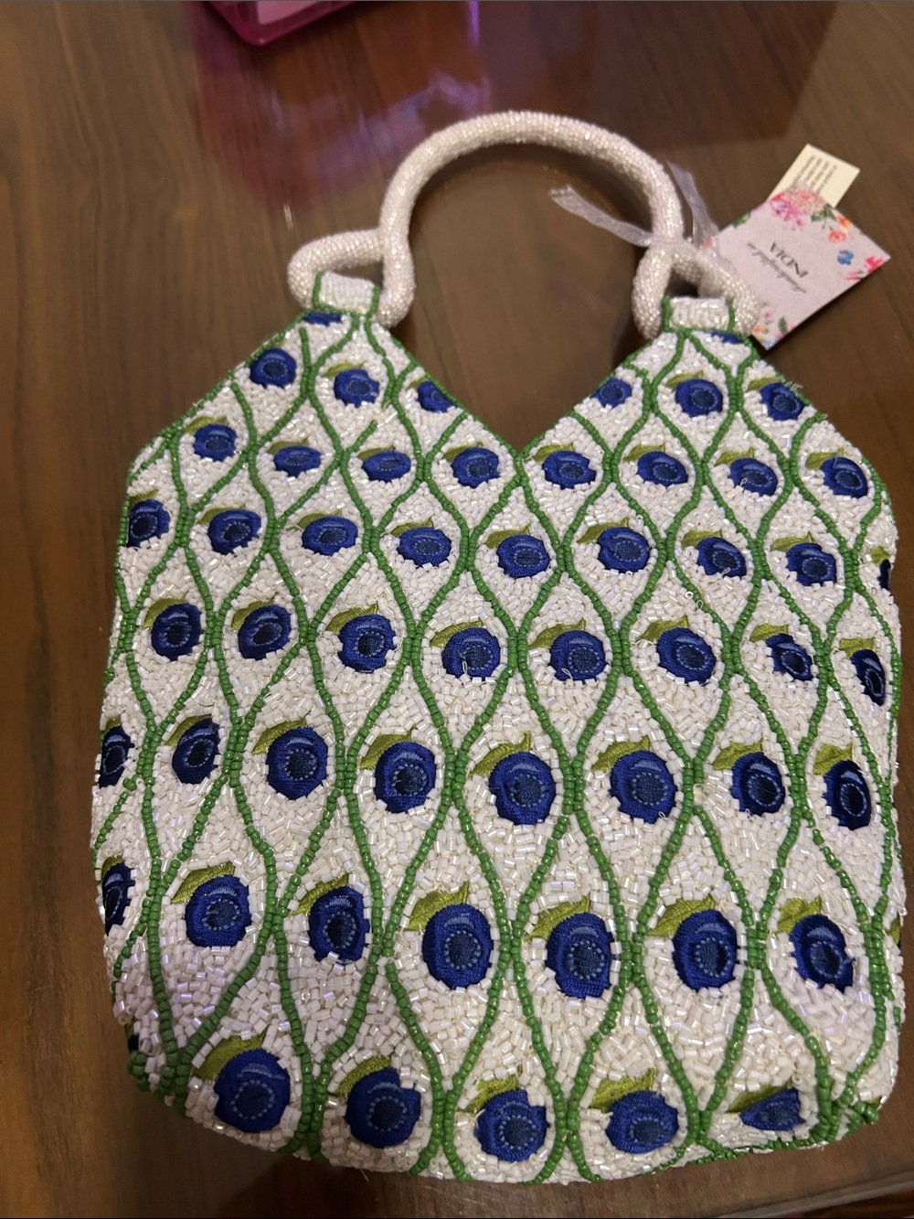 INC International Concepts White Beaded Handbag with Blue & Green Motif - Picture 2 of 4